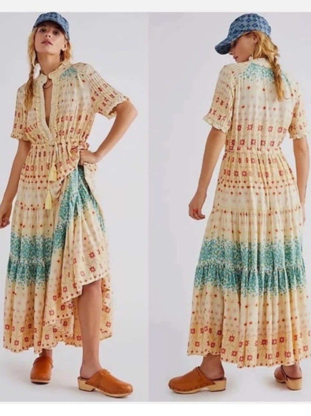 Free People Rare Feeling Cloud Combo Printed Tiered Floral Maxi Dress Size S